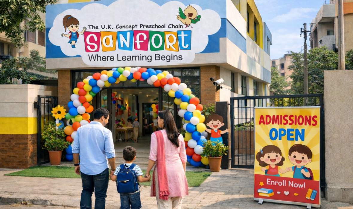 Front view of a modern preschool building in Dilshad Garden area, decorated entrance with balloons and a small “Admissions Open” standee board near the gate. Parents holding child’s hand entering the school happily. Bright morning light, clean and safe campus, CCTV camera visible subtly, welcoming environment. Professional real estate + lifestyle photography style, high resolution, natural Indian urban neighborhood background.