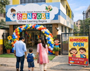 Front view of a modern preschool building in Dilshad Garden area, decorated entrance with balloons and a small “Admissions Open” standee board near the gate. Parents holding child’s hand entering the school happily. Bright morning light, clean and safe campus, CCTV camera visible subtly, welcoming environment. Professional real estate + lifestyle photography style, high resolution, natural Indian urban neighborhood background.