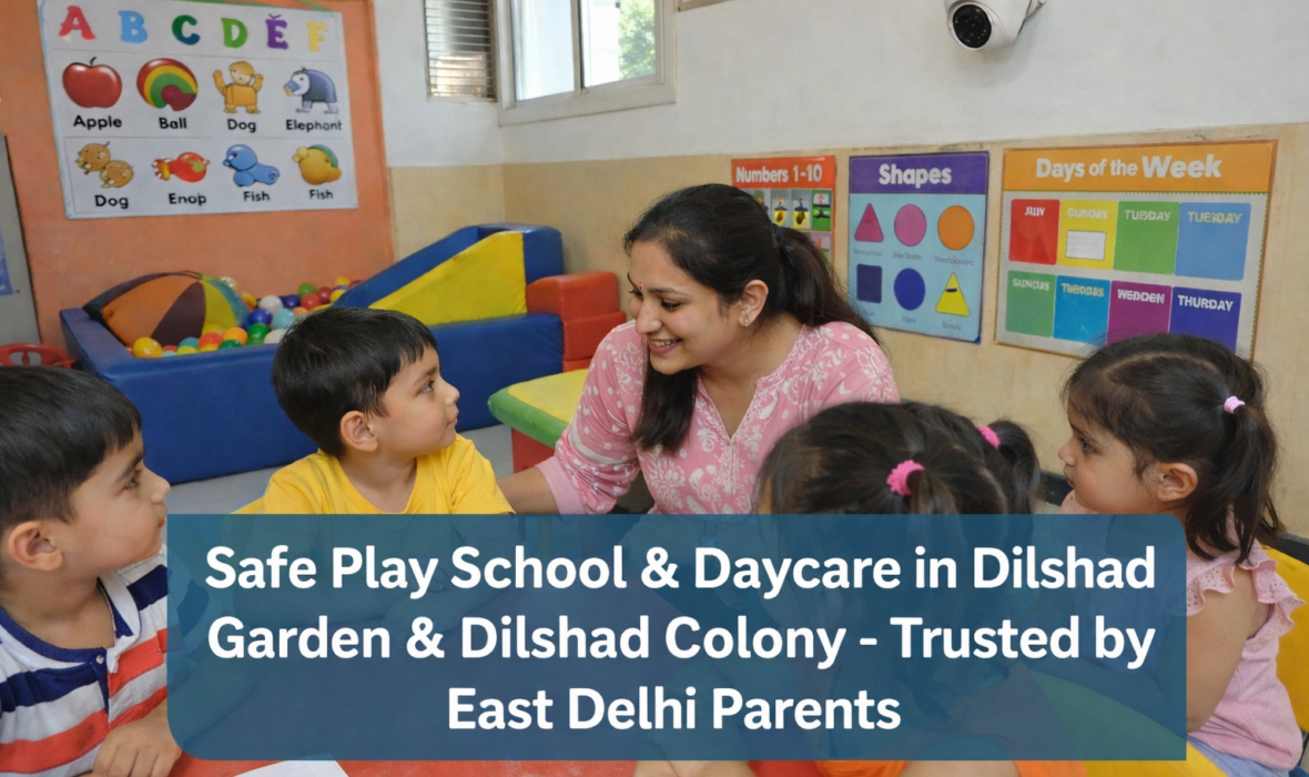 Caring female teacher engaging with preschool children in a colorful Sanfort classroom in East Delhi, featuring educational charts, soft play area, and safe CCTV-monitored environment.