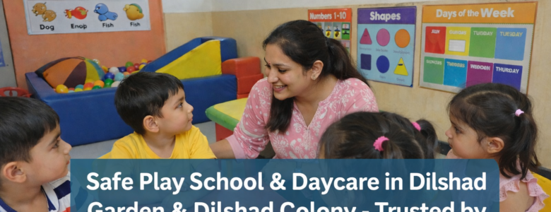 Caring female teacher engaging with preschool children in a colorful Sanfort classroom in East Delhi, featuring educational charts, soft play area, and safe CCTV-monitored environment.