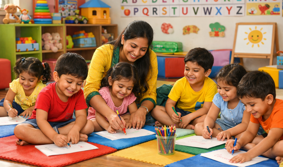 children learning in a preschool classroom in Dilshad Garden